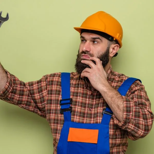 A worker contemplates the wrench he is holding.