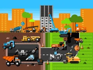 A graphic of road construction machines.