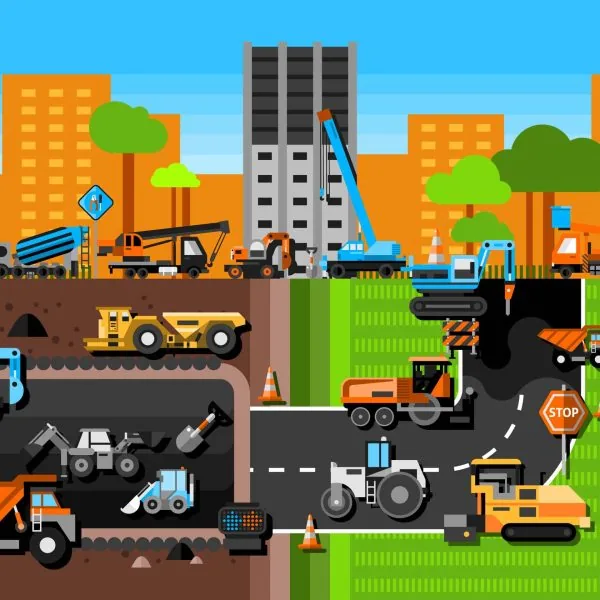 A graphic of road construction machines.