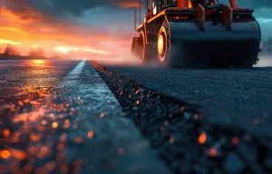 A roller flattening a new asphalt road at sunset.