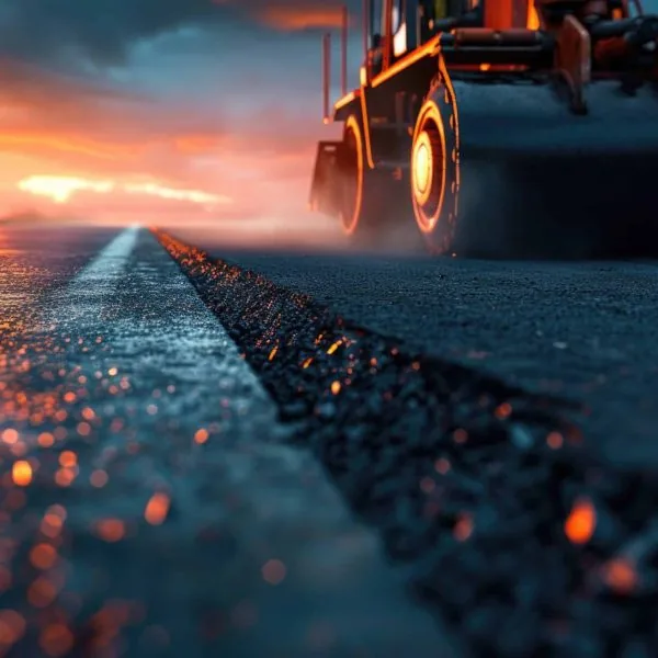 A roller flattening a new asphalt road at sunset.