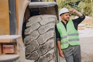 Male worker with bulldozer in sand quarry