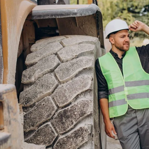Male worker with bulldozer in sand quarry