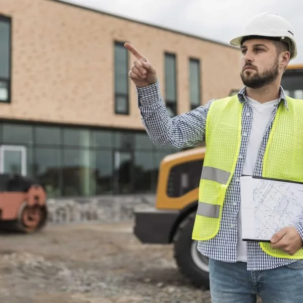 A construction work points at something off camera.