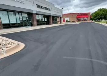 A new asphalt parking lot, completed by National Pavement Partners