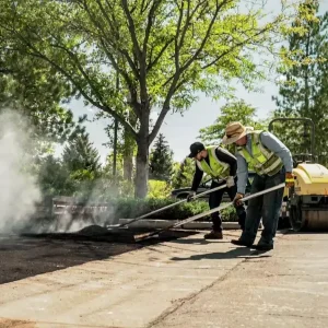 Two National Pavement Partners employees work on a large asphalt patch.