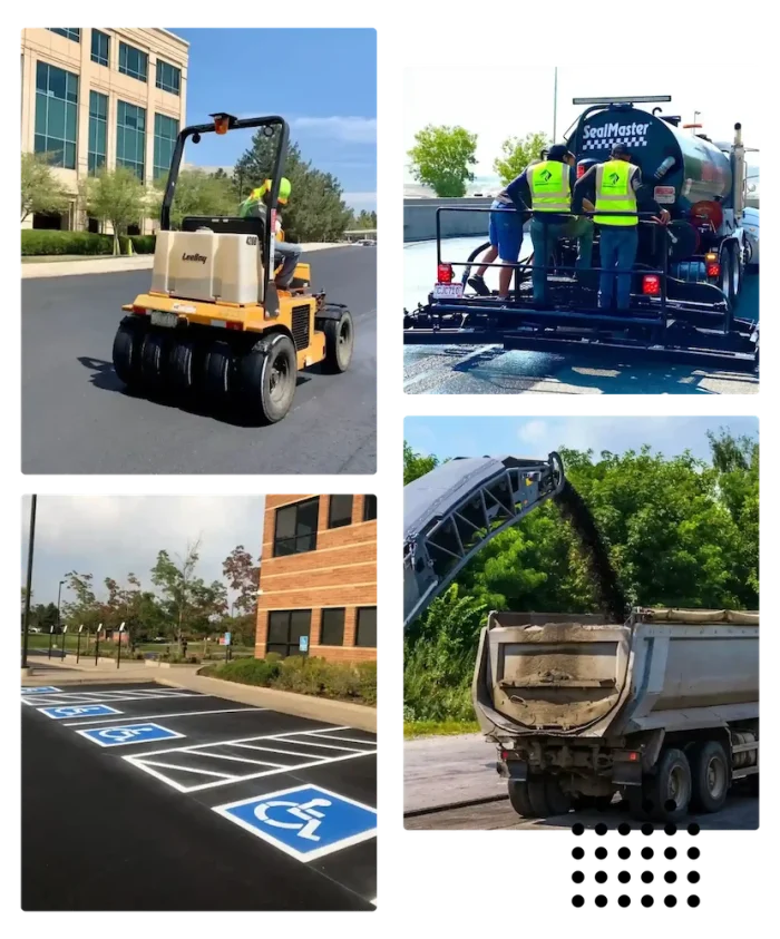 Collage of National Pavement Partners paving equipment, including a roller, a SealMaster, and a dump truck.