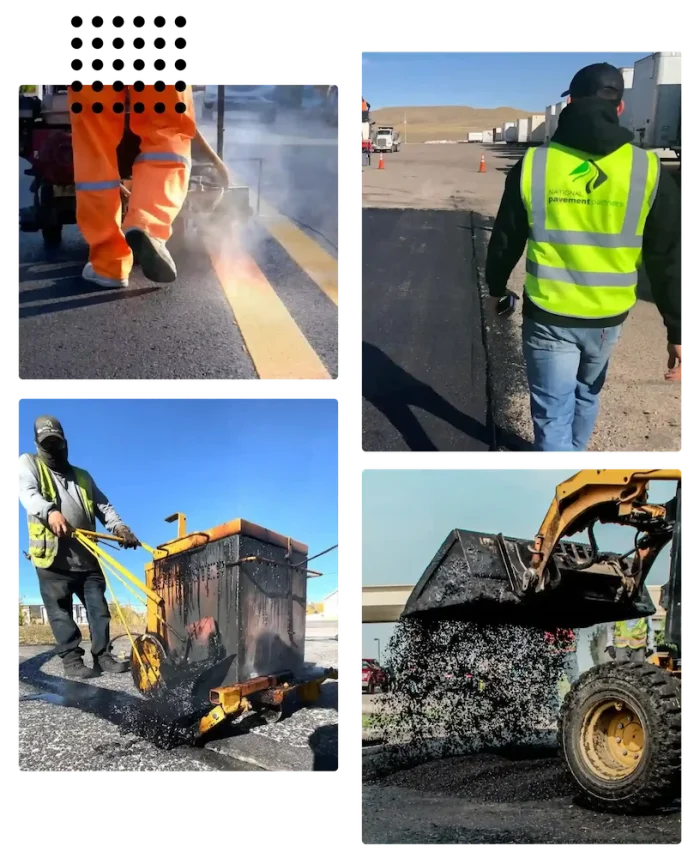 A collage of NPP employees working, including crack filling, line striping, and asphalt paving.