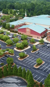 aerial view of a church and parking lot